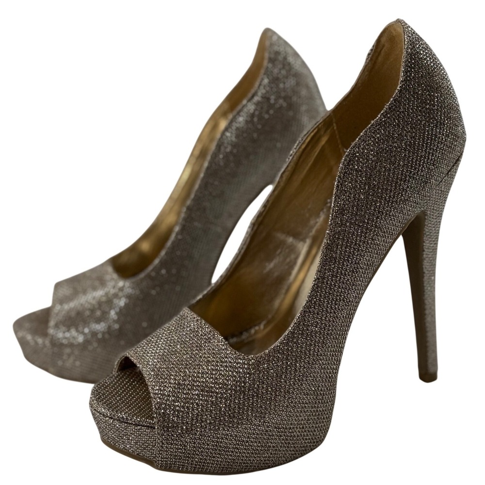 Shi by Journeys 6.5 Peep Toe Platform Pump Gold Glitter Stiletto Formal Prom Y2K
